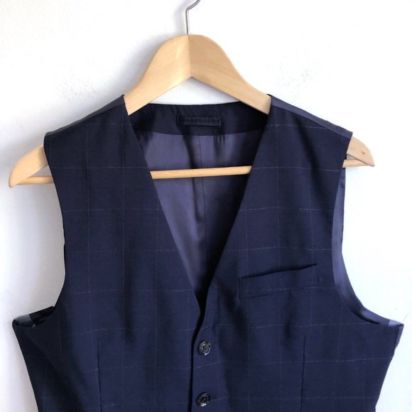 MANGO Mens Suit Vest Blue Windowpane Check Wool 42 - Picture 2 of 15